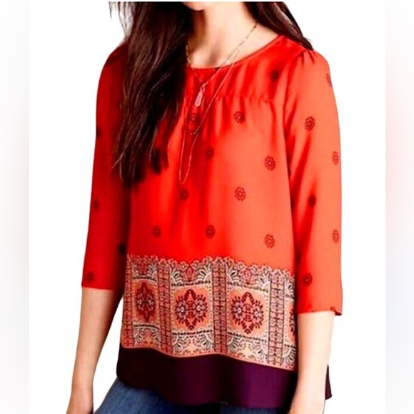 ANTHROPOLOGIE MAEVE Rila Bordered Print Top - Picture 1 of 9